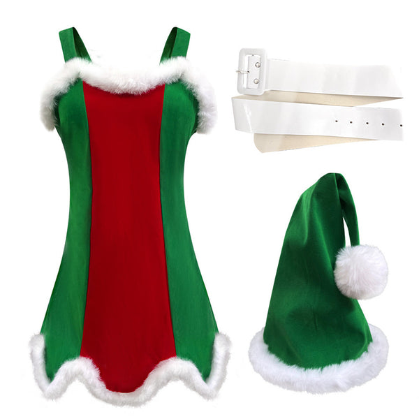 Women Christmas Mrs Claus Cosplay Costume Red Green Velvet Dress Hat - AwwwCos