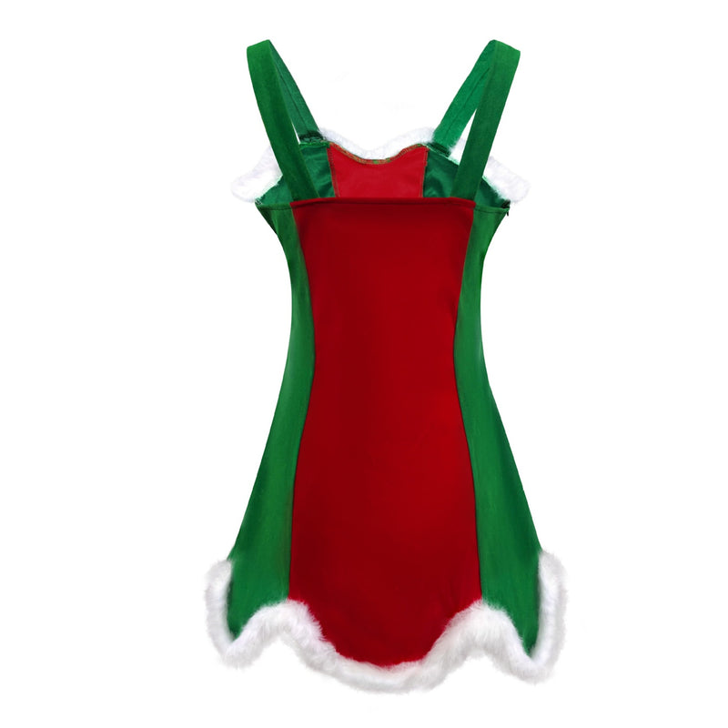 Women Christmas Mrs Claus Cosplay Costume Red Green Velvet Dress Hat - AwwwCos