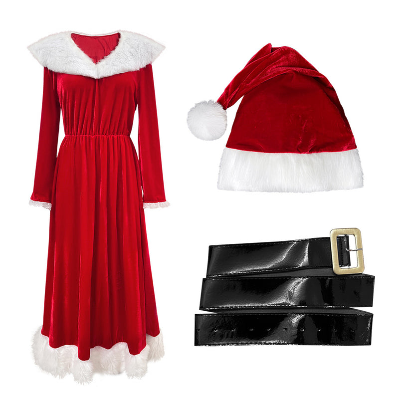 Women Christmas Mrs Santa Claus Cosplay Costume Long Sleeve Dress - AwwwCos