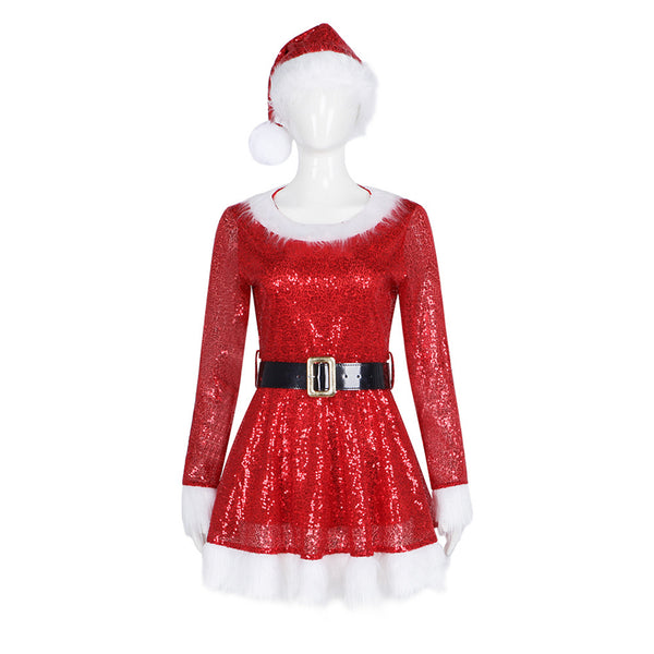 Women Christmas Mrs Santa Claus Cosplay Costume Sequin Mini Dress Hat - AwwwCos