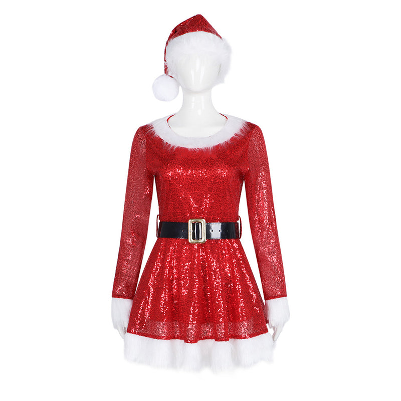 Women Christmas Mrs Santa Claus Cosplay Costume Sequin Mini Dress Hat - AwwwCos