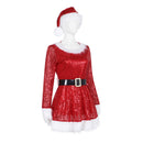Women Christmas Mrs Santa Claus Cosplay Costume Sequin Mini Dress Hat - AwwwCos