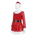 Women Christmas Mrs Santa Claus Cosplay Costume Sequin Mini Dress Hat - AwwwCos