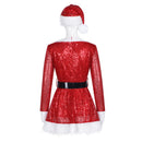 Women Christmas Mrs Santa Claus Cosplay Costume Sequin Mini Dress Hat - AwwwCos