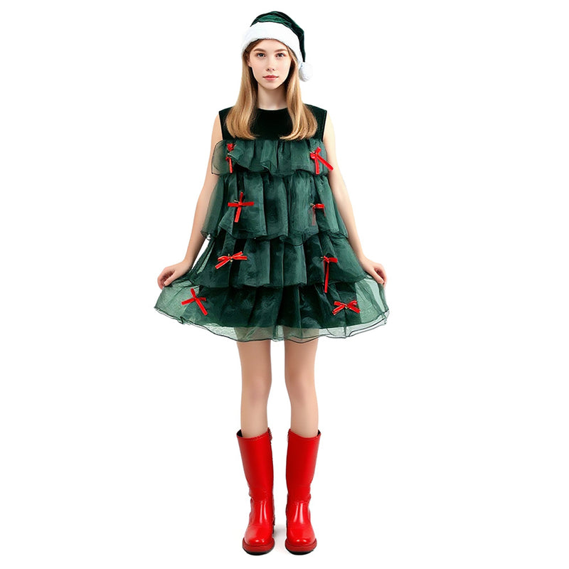 Women Christmas Party Elf Cosplay Costume Green Sleeveless Dress Shorts Hat - AwwwCos