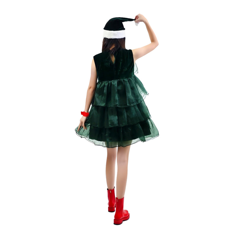Women Christmas Party Elf Cosplay Costume Green Sleeveless Dress Shorts Hat - AwwwCos