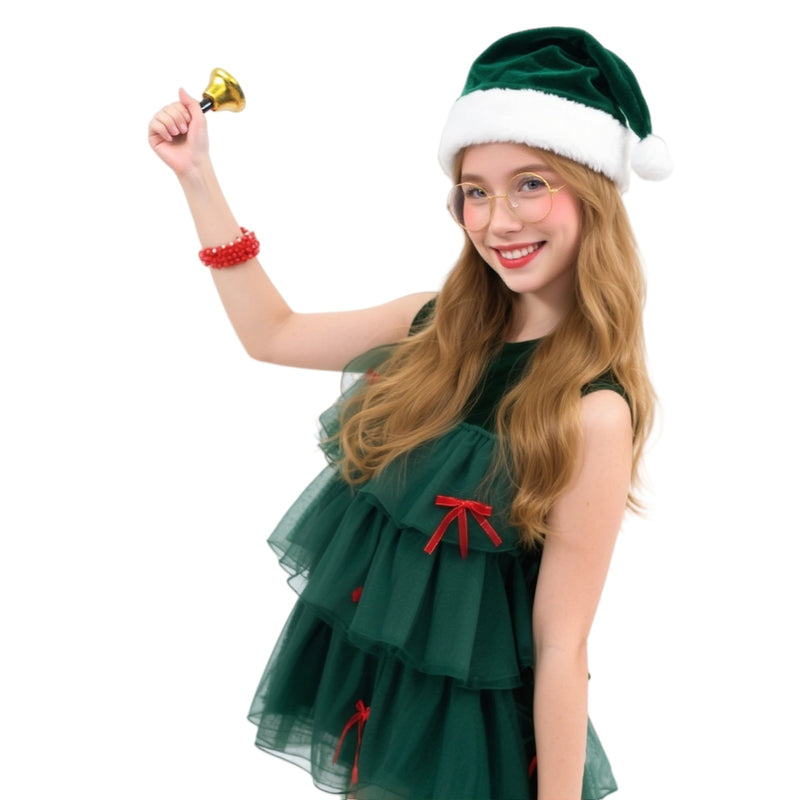 Women Christmas Party Elf Cosplay Costume Green Sleeveless Dress Shorts Hat - AwwwCos