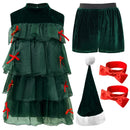 Women Christmas Party Elf Cosplay Costume Green Sleeveless Dress Shorts Hat - AwwwCos
