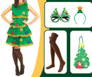 Women Christmas Party Tree Outfit Set Cute Green Elf Headband Dress