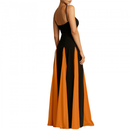 Women Color Block Pleated Maxi Sling Dress Low Cut Patchwork Swing Gown - AwwwCos