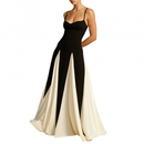 Women Color Block Pleated Maxi Sling Dress Low Cut Patchwork Swing Gown - AwwwCos