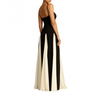 Women Color Block Pleated Maxi Sling Dress Low Cut Patchwork Swing Gown - AwwwCos