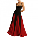 Women Color Block Pleated Maxi Sling Dress Low Cut Patchwork Swing Gown - AwwwCos