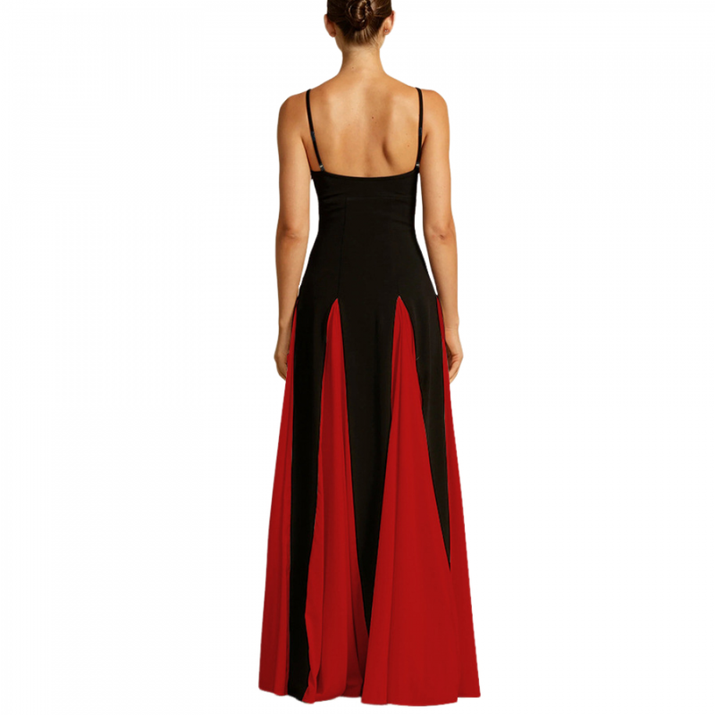 Women Color Block Pleated Maxi Sling Dress Low Cut Patchwork Swing Gown - AwwwCos