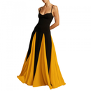 Women Color Block Pleated Maxi Sling Dress Low Cut Patchwork Swing Gown - AwwwCos