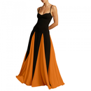 Women Color Block Pleated Maxi Sling Dress Low Cut Patchwork Swing Gown - AwwwCos