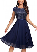 Women Elegant Glitter Sequin Ruffle Style Cocktail Prom Evening Dress - AwwwCos