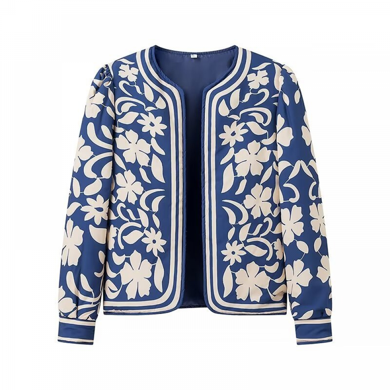 Women Floral Quilted Jacket Short Front Open Print Lightweight Coat