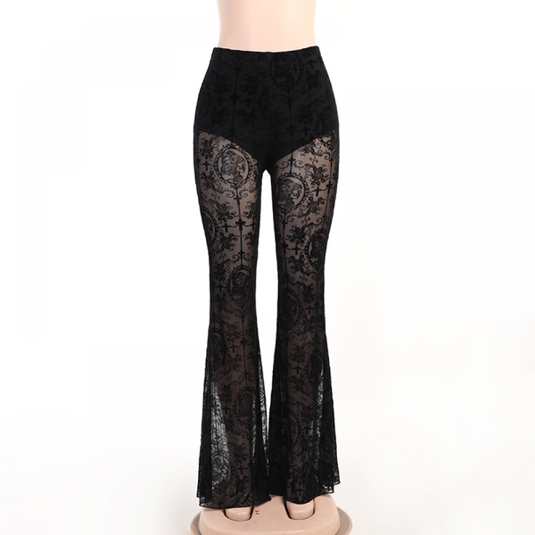 Women Gothic Disco Black Lace Elastic Waist Bell Bottoms Flare Pants - AwwwCos