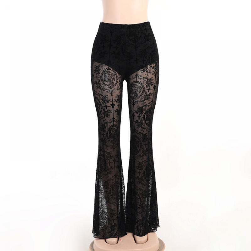 Women Gothic Disco Black Lace Elastic Waist Bell Bottoms Flare Pants - AwwwCos