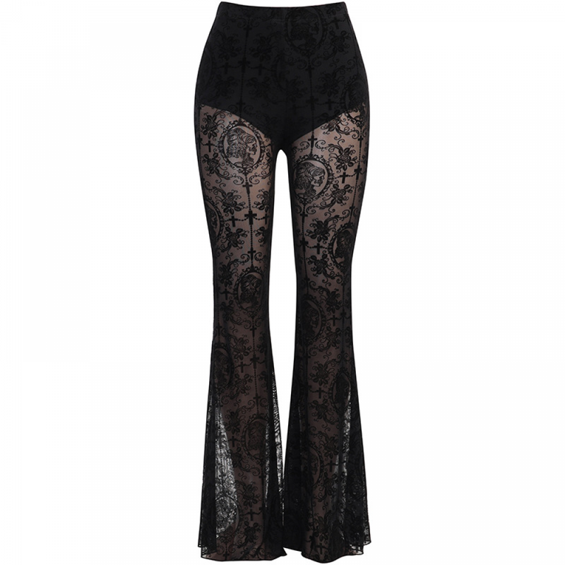 Women Gothic Disco Black Lace Elastic Waist Bell Bottoms Flare Pants - AwwwCos