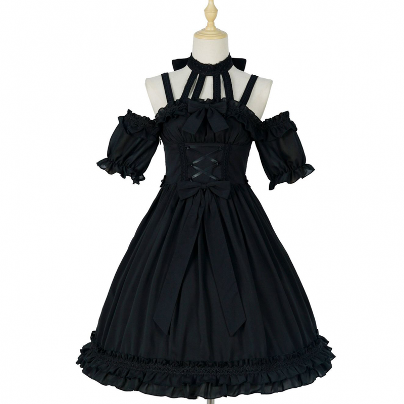 Women Gothic Lolita Short-Sleeved one-Piece Dress with Ruffled Bow