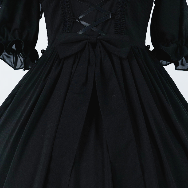 Women Gothic Lolita Short-Sleeved one-Piece Dress with Ruffled Bow