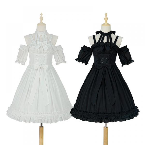 Women Gothic Lolita Short-Sleeved one-Piece Dress with Ruffled Bow