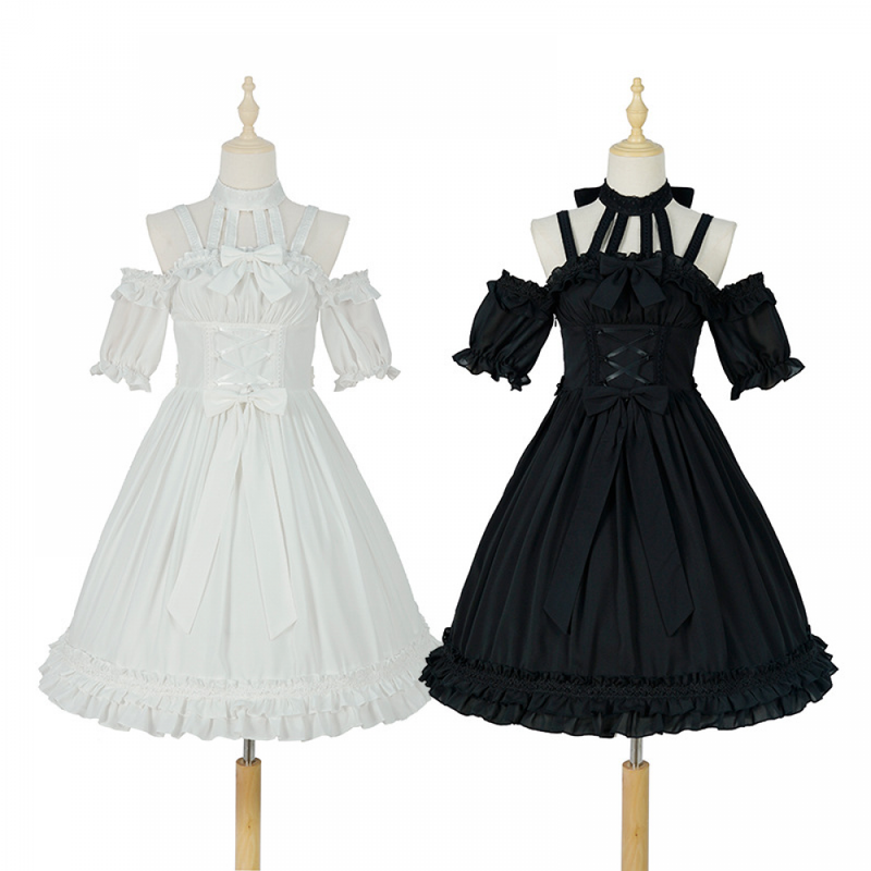 Women Gothic Lolita Short-Sleeved one-Piece Dress with Ruffled Bow