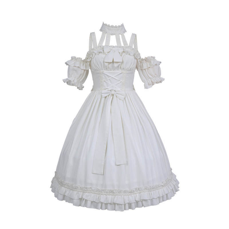 Women Gothic Lolita Short-Sleeved one-Piece Dress with Ruffled Bow