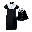 Women Gothic Nun Nurse Cosplay Costume Dark Religious Midi Slit Dress Lace Veil