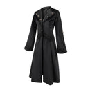 Women Gothic Punk Mid-Length Coat Black A Line Slim-Fit Lace Up Waist Trench