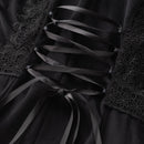 Women Gothic Punk Mid-Length Coat Black A Line Slim-Fit Lace Up Waist Trench