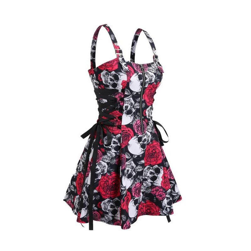 Women Gothic Vampire Cosplay Lace Up Mini Spaghetti Strap Vintage Print Dress - AwwwCos