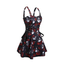 Women Gothic Vampire Cosplay Lace Up Mini Spaghetti Strap Vintage Print Dress - AwwwCos