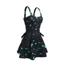 Women Gothic Vampire Cosplay Lace Up Mini Spaghetti Strap Vintage Print Dress - AwwwCos