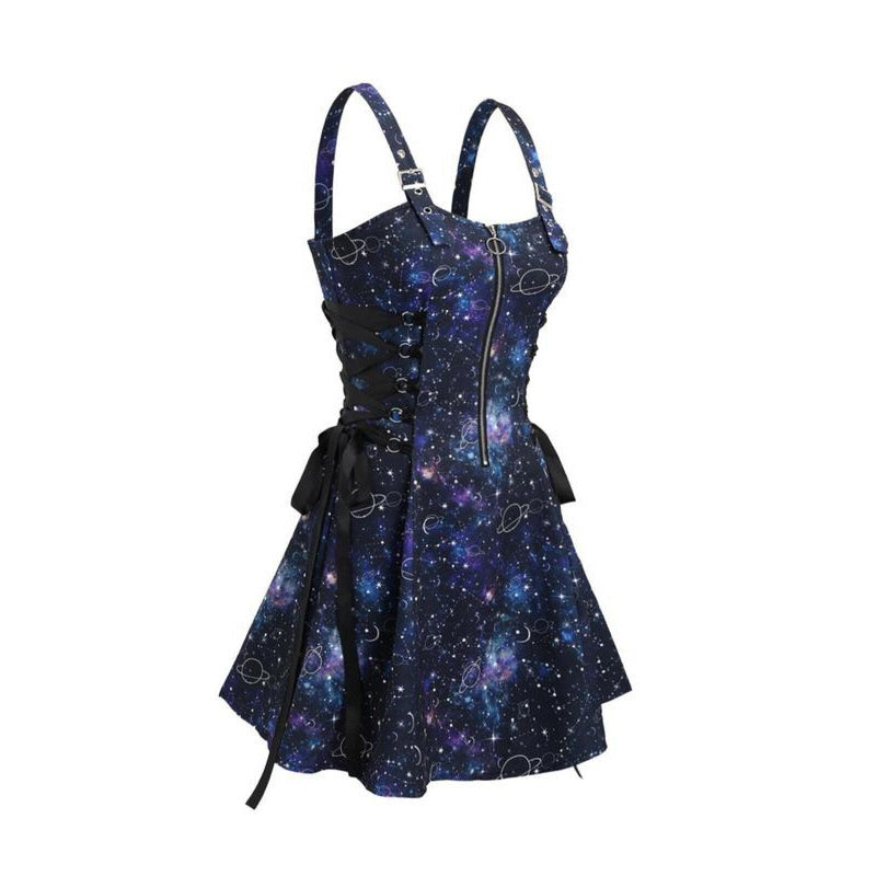 Women Gothic Vampire Cosplay Lace Up Mini Spaghetti Strap Vintage Print Dress - AwwwCos