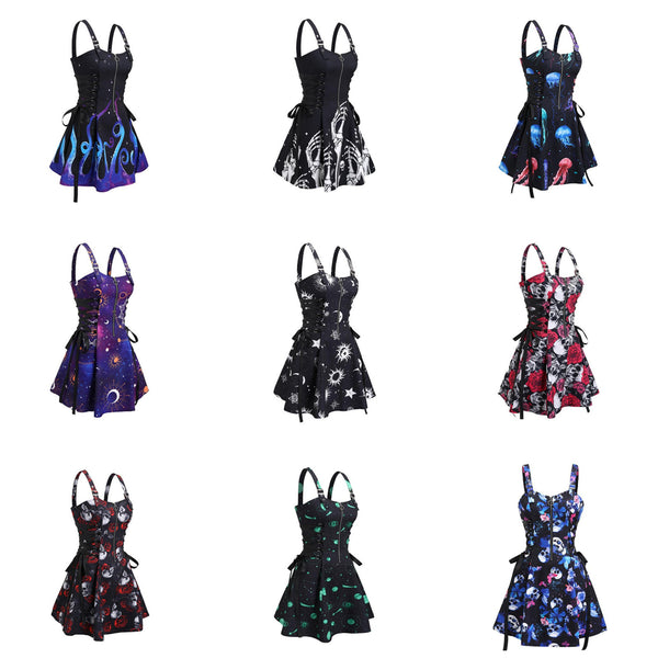 Women Gothic Vampire Cosplay Lace Up Mini Spaghetti Strap Vintage Print Dress