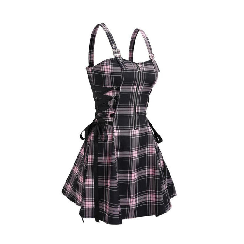 Women Gothic Vampire Cosplay Lace Up Mini Spaghetti Strap Vintage Print Dress - AwwwCos