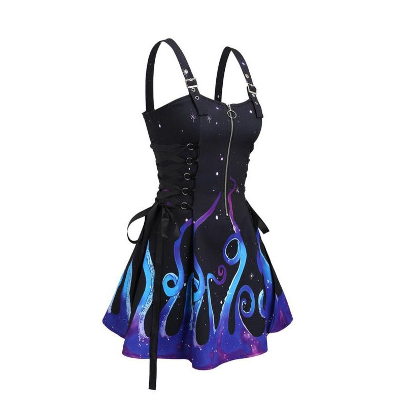 Women Gothic Vampire Cosplay Lace Up Mini Spaghetti Strap Vintage Print Dress - AwwwCos