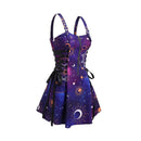 Women Gothic Vampire Cosplay Lace Up Mini Spaghetti Strap Vintage Print Dress - AwwwCos