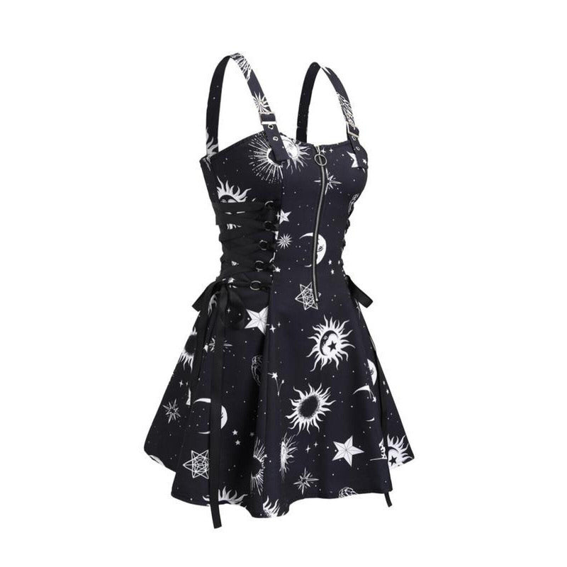 Women Gothic Vampire Cosplay Lace Up Mini Spaghetti Strap Vintage Print Dress - AwwwCos