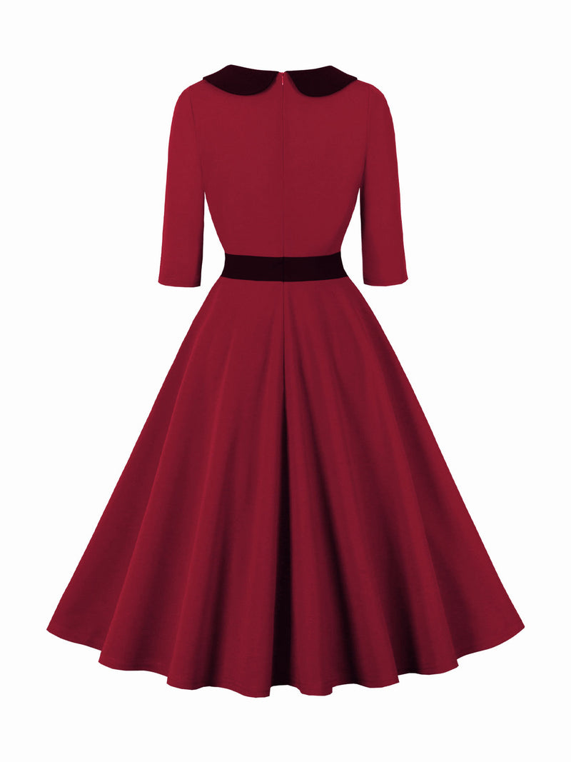 Women Hepburn Style Cosplay Patchwork Christmas Half Sleeve Flared Dress - AwwwCos