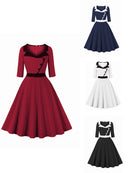 Women Hepburn Style Cosplay Patchwork Christmas Half Sleeve Flared Dress - AwwwCos