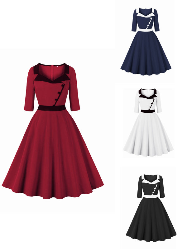 Women Hepburn Style Cosplay Patchwork Christmas Half Sleeve Flared Dress - AwwwCos