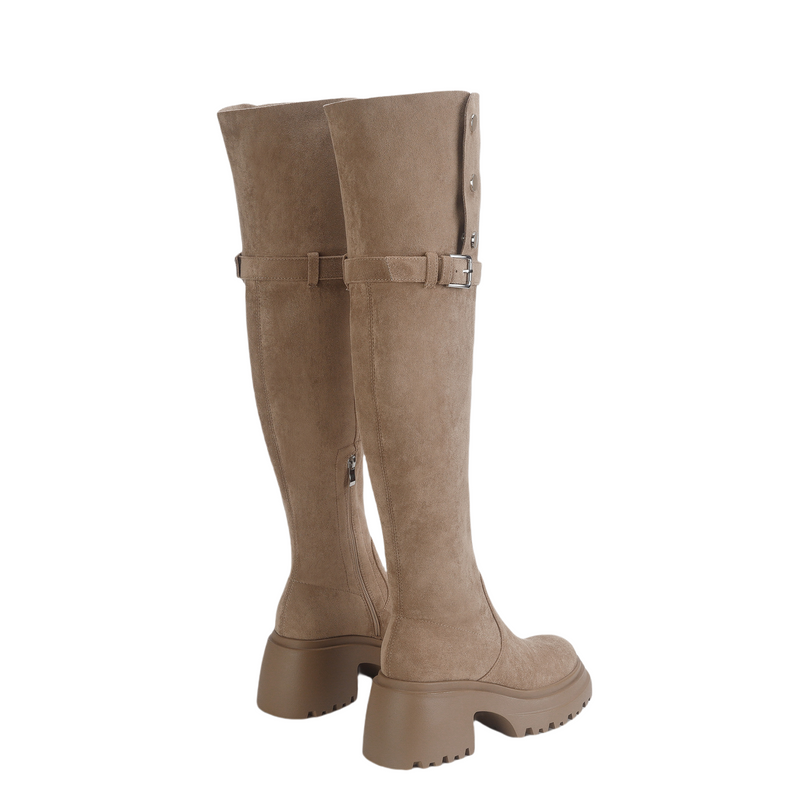 Women Knee High Boots Chunky Heeled Suede Cowgirl Cosplay Biker Boots