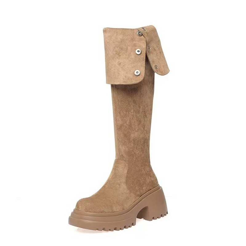 Women Knee High Boots Chunky Heeled Suede Cowgirl Cosplay Biker Boots