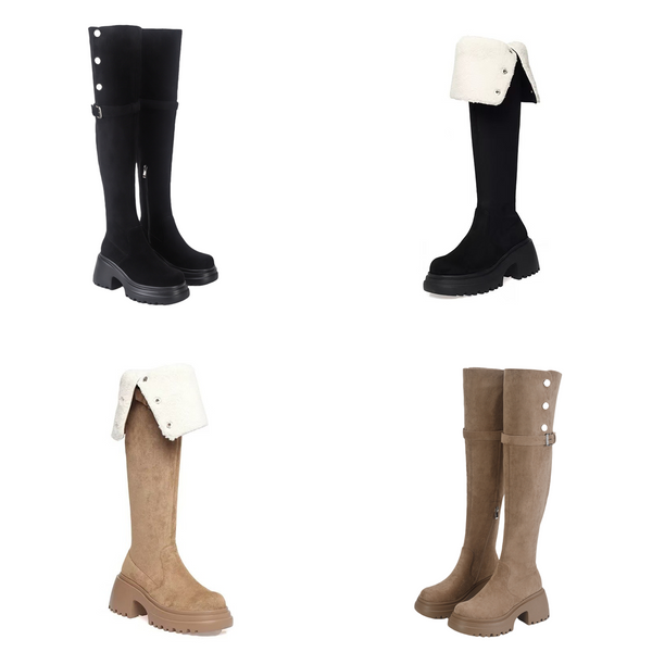 Women Knee High Boots Chunky Heeled Suede Cowgirl Cosplay Biker Boots