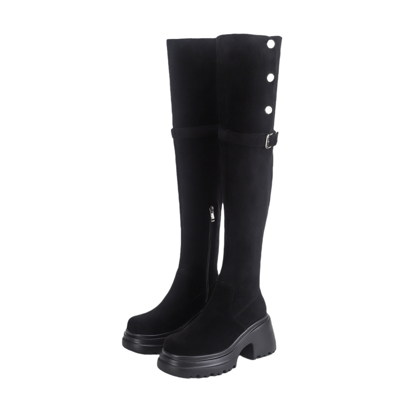 Women Knee High Boots Chunky Heeled Suede Cowgirl Cosplay Biker Boots