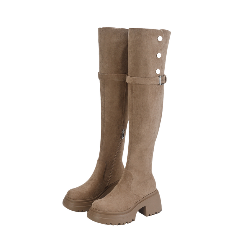 Women Knee High Boots Chunky Heeled Suede Cowgirl Cosplay Biker Boots